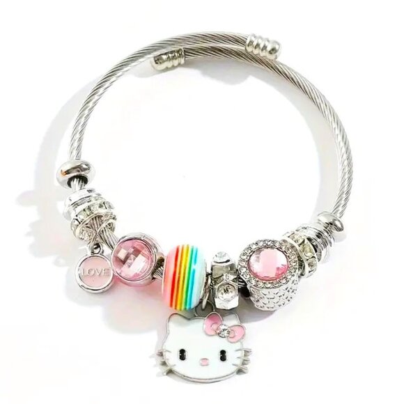 Hello Kitty Charm Bracelet Sanrio Rhinestone Rainbow Emo Beads Rave Trendy Style - Picture 3 of 4